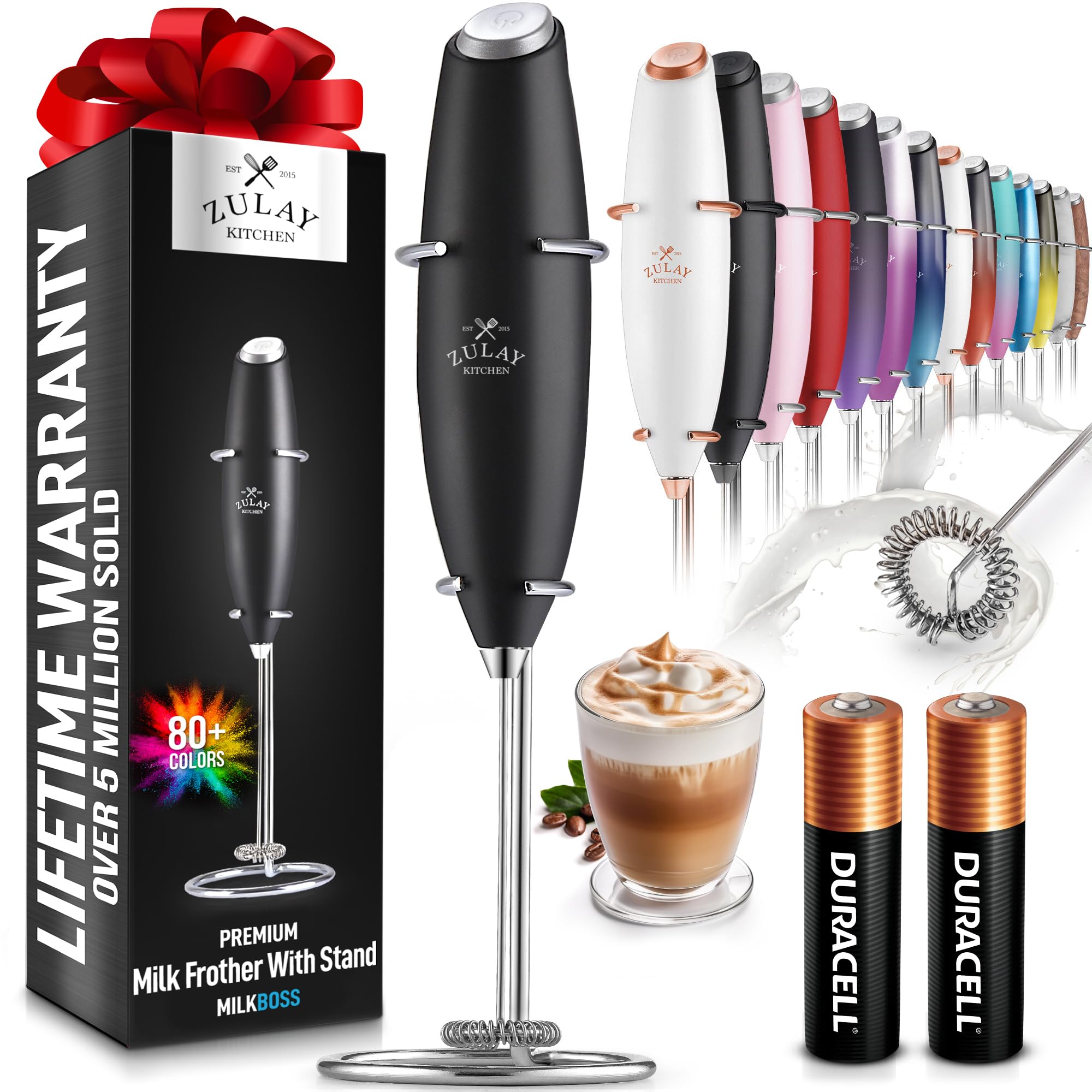 Zulay Kitchen Powerful Milk Frother Wand With 2 Duracell Batteries - Ultra Fast Handheld Drink Mixer - Electric Whisk Foam Maker for Coffee Lattes Cappuccino Matcha Hot Chocolate & Creamer - Black